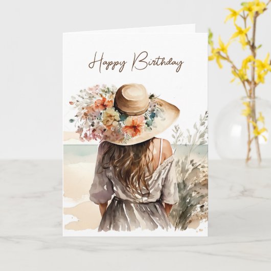 Vrouw met doorbloeiende Pet Kaart (Gele Bloem)