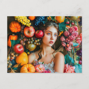 Vrouw met druiven en bloemstuk briefkaart