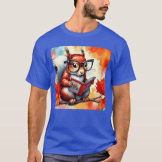 Vrouw met eekhoorn leest stripboek op herfsttak t-shirt