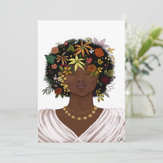 Vrouw met een bloemrijke Afro Feestdagenkaart (Staand voorkant)