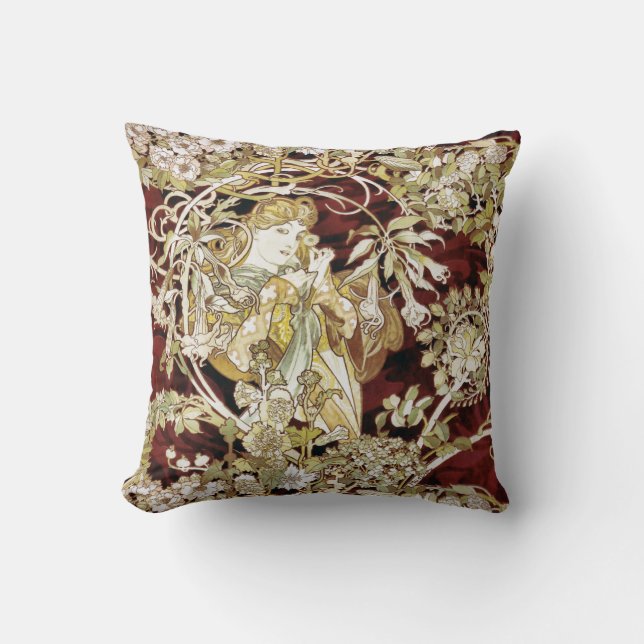 Vrouw met een Daisy Alphonse Mucha Fine Art Kussen (Voorkant)