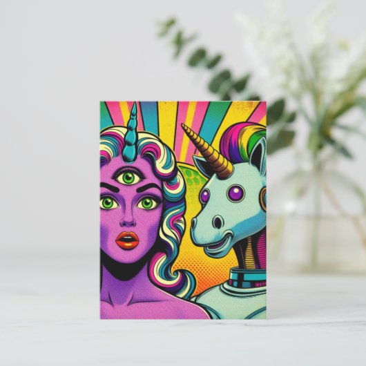 Vrouw met een derde oog en een robot eenhoorn briefkaart (Staand voorkant)