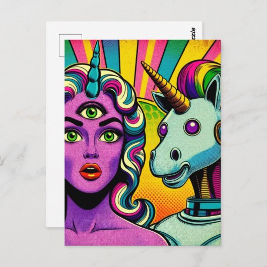 Vrouw met een derde oog en een robot eenhoorn briefkaart (Voorkant / Achterkant)