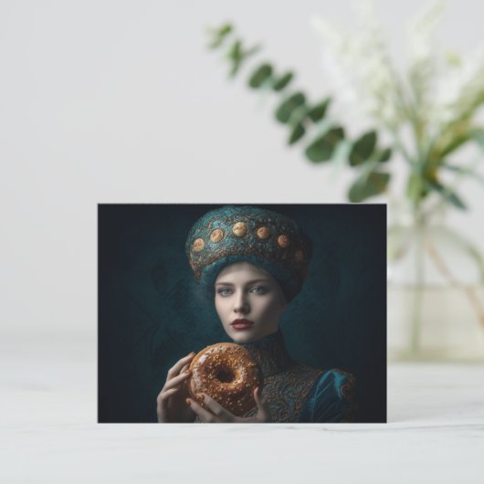 Vrouw met een donut briefkaart (Staand voorkant)