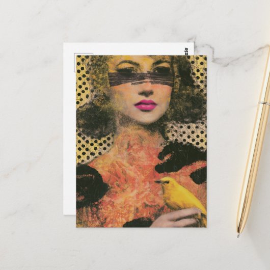 Vrouw Met een Gele Vogel Briefkaart (Voorkant / Achterkant in situ)