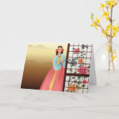 Vrouw met een hanbok kaart (Gele Bloem)