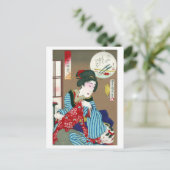 Vrouw met een kat, Toyohara Kunichika, Ukiyo-e Briefkaart (Staand voorkant)