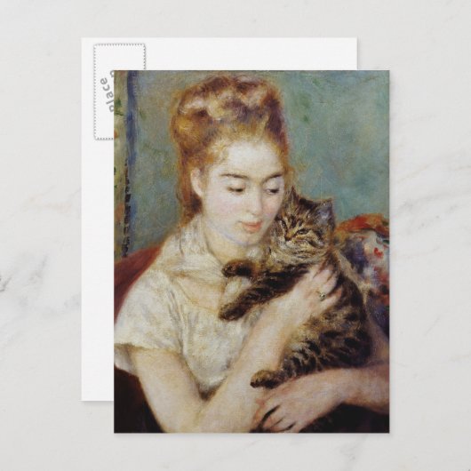 Vrouw met een kat van Pierre-Auguste Renoir Briefkaart (Voorkant / Achterkant)