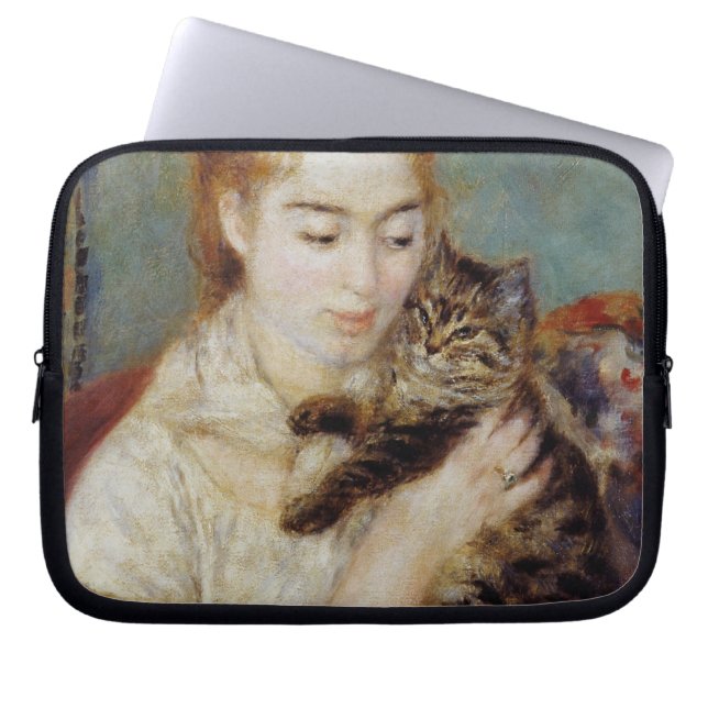 Vrouw met een Kat van Pierre-Auguste Renoir Laptop Sleeve (Voorkant)