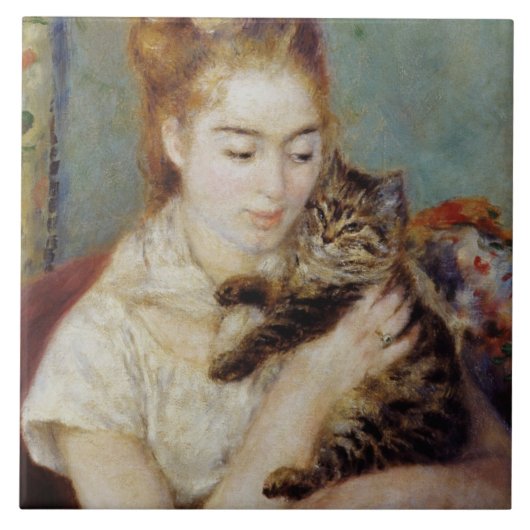 Vrouw met een Kat van Pierre-Auguste Renoir Tegeltje (Voorkant)