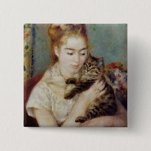 Vrouw met een Kat van Pierre-Auguste Renoir Vierkante Button 5,1 Cm (Voorkant)