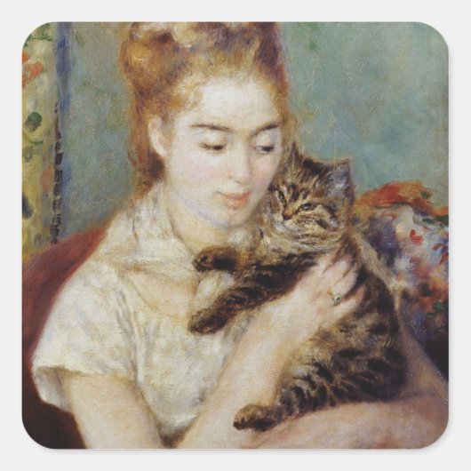 Vrouw met een kat van Pierre-Auguste Renoir Vierkante Sticker (Voorkant)