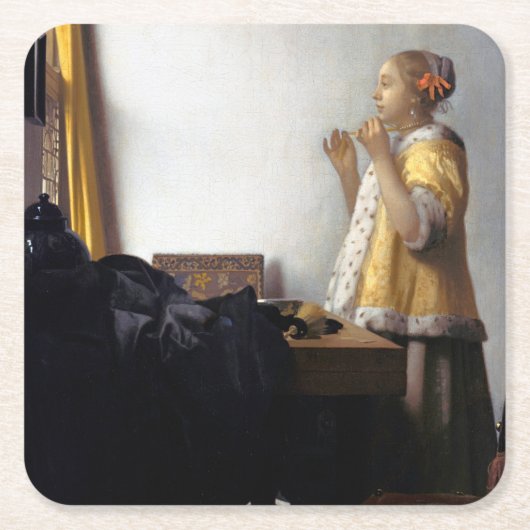 Vrouw met een Ketting van Pearl, Johannes Vermeer Kartonnen Onderzetters (Voorkant)