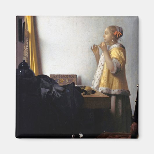 Vrouw met een Ketting van Pearl, Johannes Vermeer Magneet (Voorkant)