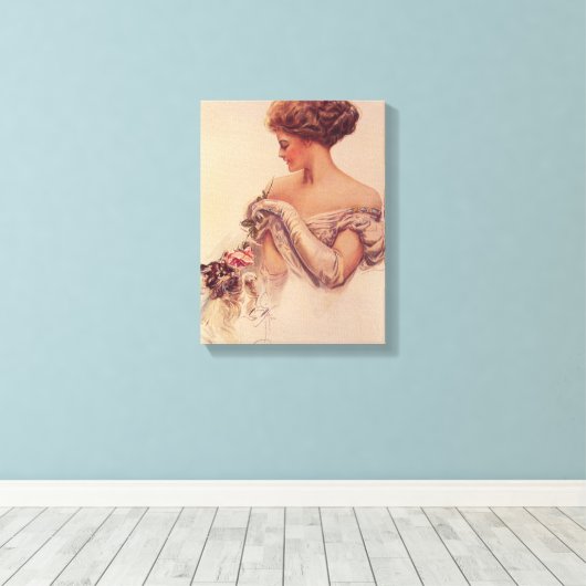 vrouw met een kitten (door Harrison Fisher) Canvas Afdruk (Insitu (Houten vloer))
