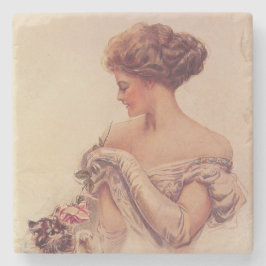  vrouw met een kitten (door Harrison Fisher) Stenen Onderzetter