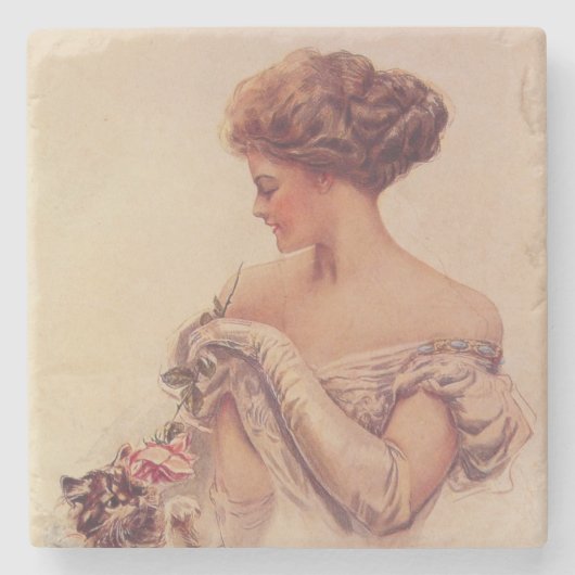  vrouw met een kitten (door Harrison Fisher) Stenen Onderzetter (Voorkant)