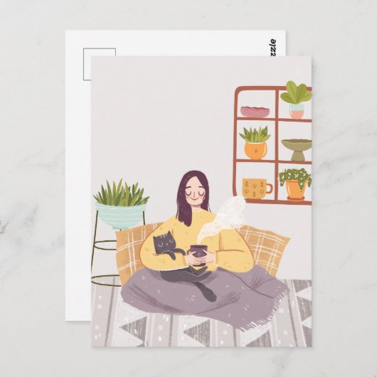 Vrouw met een kopje koffie en een kat in huis briefkaart (Voorkant / Achterkant)