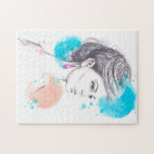 Vrouw met een oorkenschets ter illustratie van mod legpuzzel (Horizontaal)