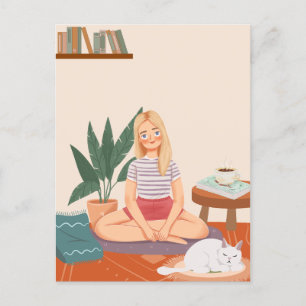 Vrouw Met Een Plant En Een Kat In Een Gezellig Hui Briefkaart