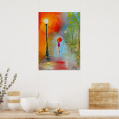 Vrouw met een rode paraplu-regenachtige dag schild poster (Keuken)