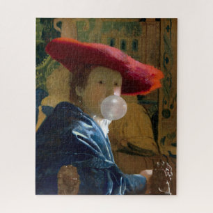 Vrouw met een rood pet dat een bubbelgom blaast legpuzzel