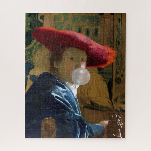 Vrouw met een rood pet dat een bubbelgom blaast legpuzzel (Verticaal)