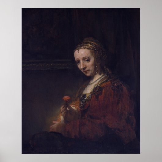 Vrouw met een roze anjer door Rembrandt van Rijn Poster (Voorkant)