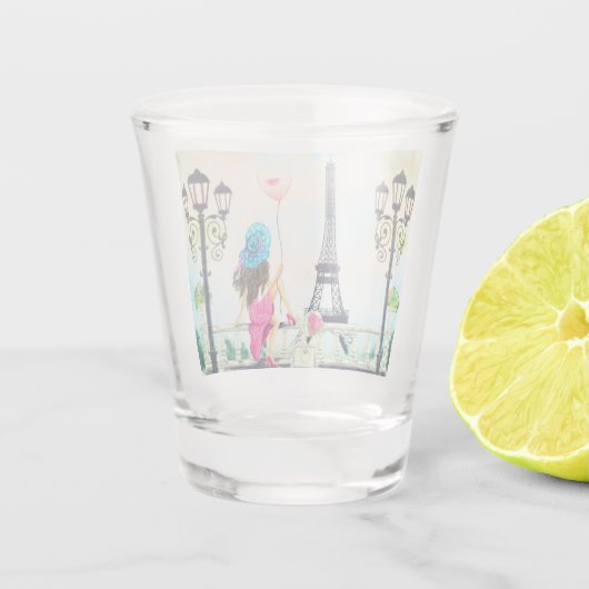 Vrouw met een roze ballon in Paris Shot Glass Shot Glas (Achterkant)