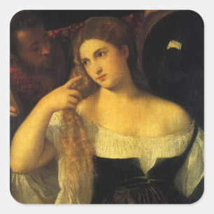 Vrouw met een spiegel van tiaan, renaissance vierkante sticker