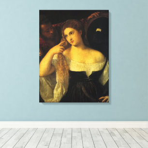 Vrouw met een spiegel van Titian, antieke Renaissa Canvas Afdruk