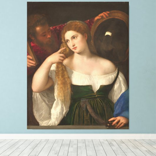 Vrouw met een spiegelbeeld van Titiaan Canvas Afdruk (Insitu (Houten vloer))