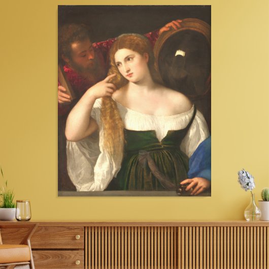 Vrouw met een spiegelbeeld van Titiaan Canvas Afdruk (Insitu (Woonkamer))