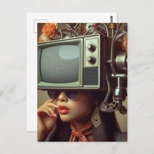 Vrouw Met Een TV Op Haar Hoofd Steampunk Briefkaart (Voorkant / Achterkant)