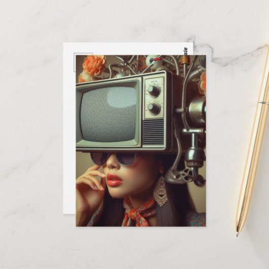  Vrouw Met Een TV Op Haar Hoofd Steampunk Briefkaart (Voorkant / Achterkant in situ)