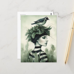 Vrouw met een vogel op haar hoofd briefkaart