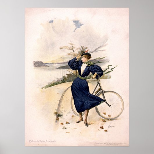 Vrouw met fiets op Riverside Drive, New York Poster (Voorkant)