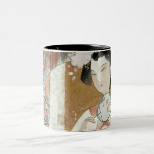 Vrouw met Floral Hairpin Tweekleurige Koffiemok
