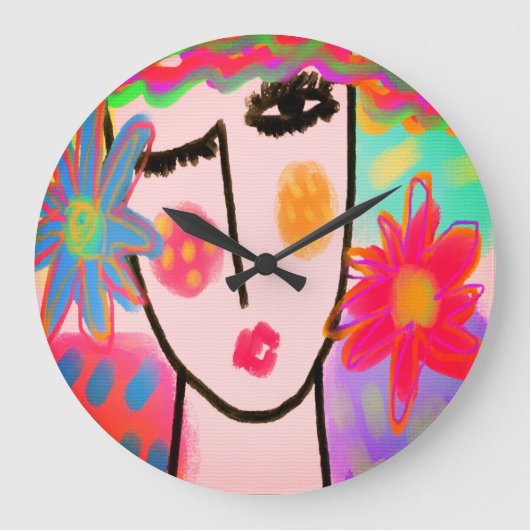 Vrouw met Flowers Funky Abstracte Art Grote Klok (Voorkant)