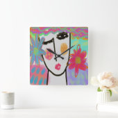 Vrouw met Flowers Funky Abstracte Art Large Clock Vierkante Klok (Huis)