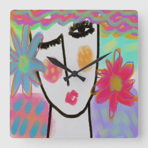 Vrouw met Flowers Funky Abstracte Art Large Clock Vierkante Klok
