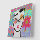 Vrouw met Flowers Funky Abstracte Art Large Clock Vierkante Klok (Hoek)