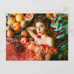 Vrouw met fruit en bloemen portretstijl briefkaart