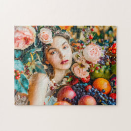 Vrouw met fruit en bloemrijke roos decoratie legpuzzel