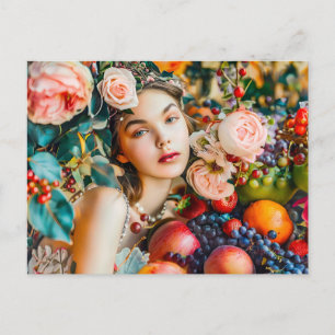 Vrouw met fruit en bloemrijke roosdecoratie briefkaart