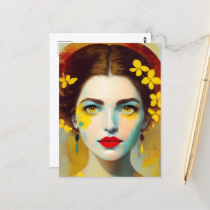 Vrouw met geel bloemen Briefkaart