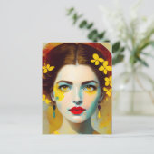 Vrouw met geel bloemen Briefkaart (Staand voorkant)