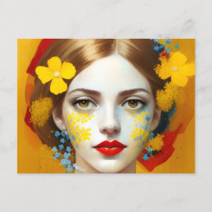 Vrouw met geel bloemen Briefkaart