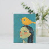 Vrouw met gele vogel op haar hoofd briefkaart (Staand voorkant)