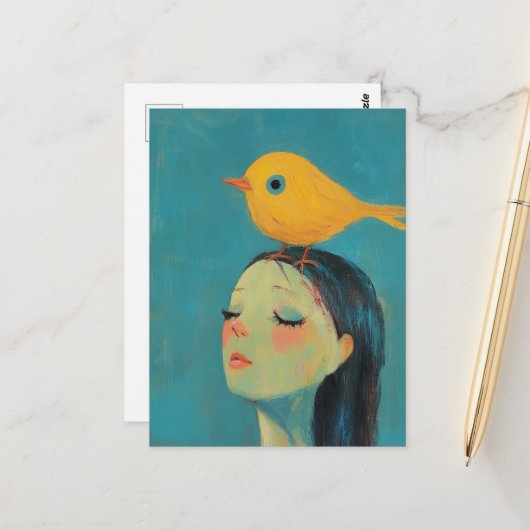 Vrouw met gele vogel op haar hoofd briefkaart (Voorkant / Achterkant in situ)